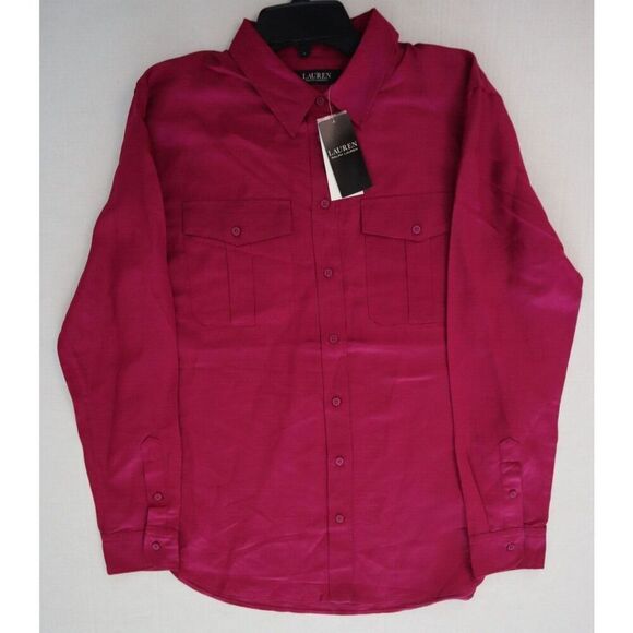 Lauren Ralph Lauren Women's Sz Large Fuchsia Berry Satin Shantung L/S Shirt - Picture 8 of 9